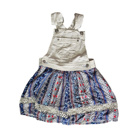 Jordache Kids Girls White Denim White Lace Blue Printed Skirtall Overalls Dress - Picture 1 of 9